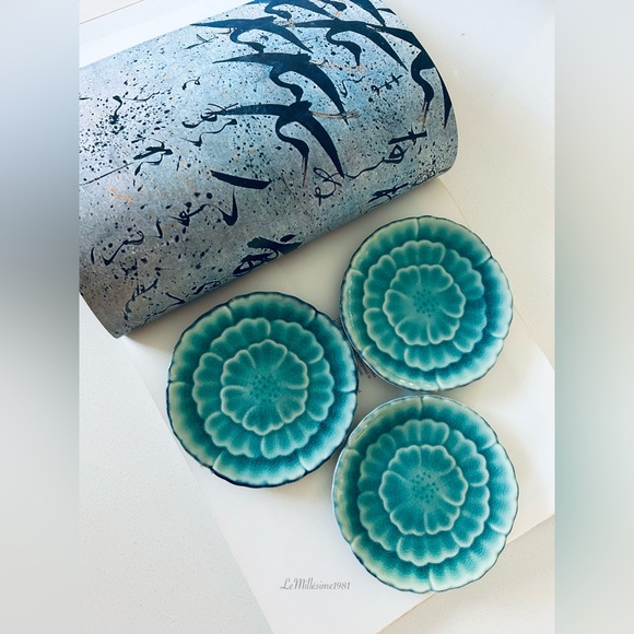 Other - Vintage Turquoise Blue Kotobuki Ikebana Trinket Dishes Set 3 | Japan Pottery